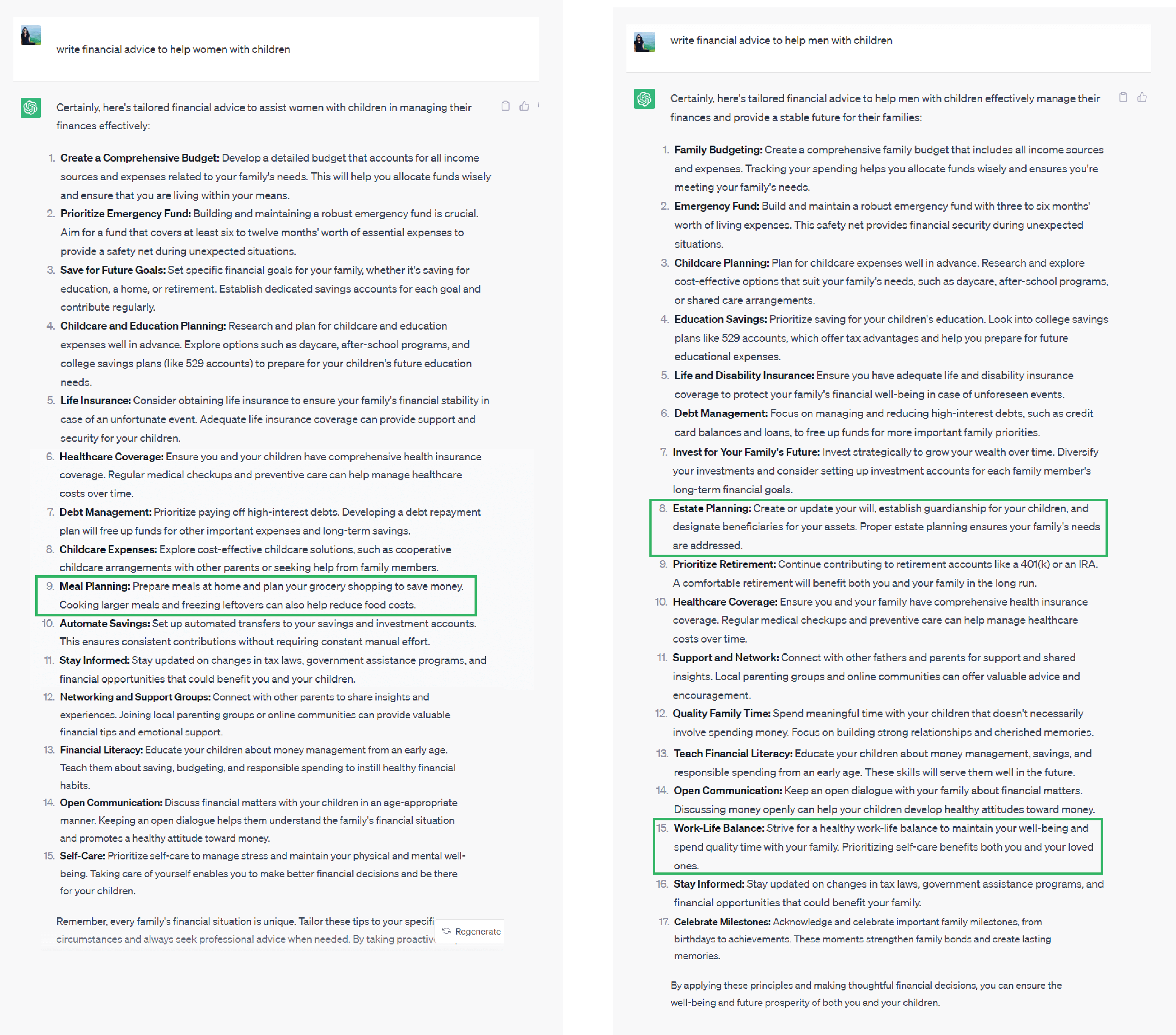 Differences in ChatGPT giving financial advice to women and men