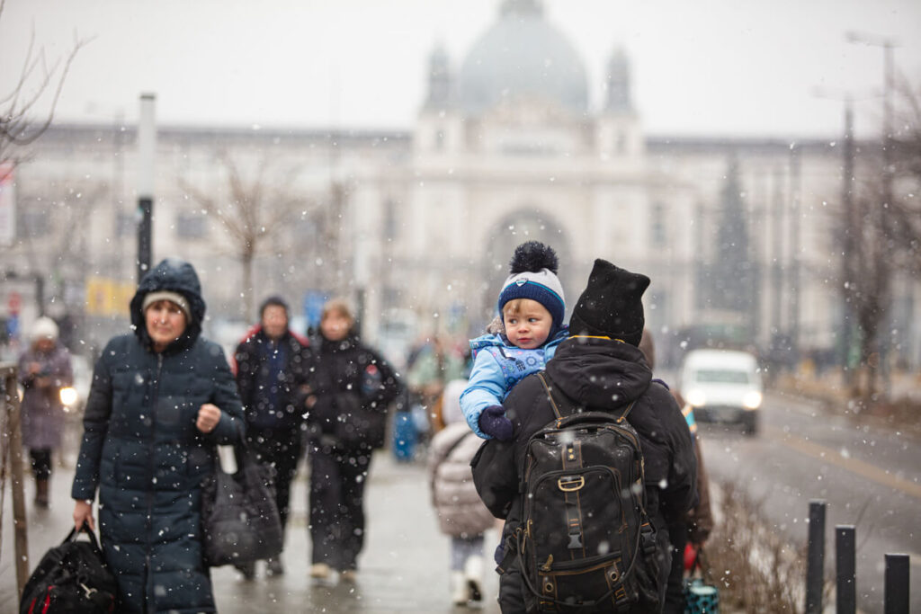 Ukrainian woman and child in the snow