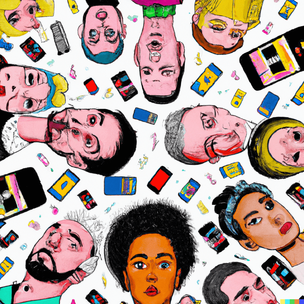 Cartoon depicting people's faces and phones